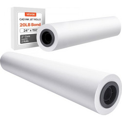 Χαρτί ευρείας μορφής VEVOR, 609,6 mm x 45,7 m Roll Plotter, 2 Rolls CAD Bond Rolls με 50,8 mm Core, 80 Rolls Plotter GSM, για σχέδια CAD, μηχανολογικά σχέδια, χάρτες GIS και αρχιτεκτονικά σχέδια