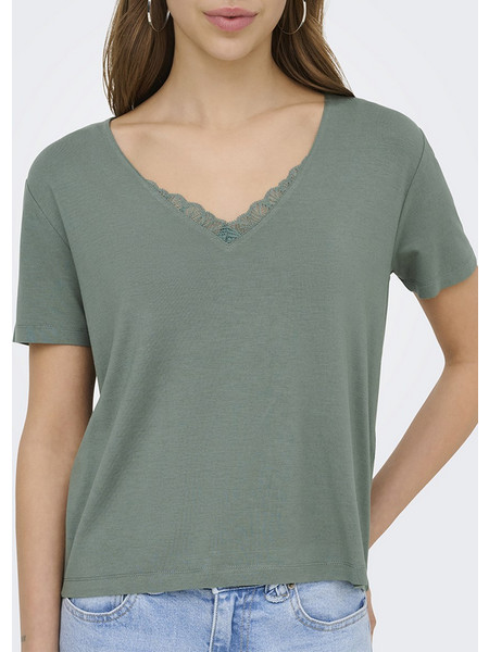ONLY ONLRILLA S/S V-NECK LACE TOP JRS 15369760-Laurel Wreath DarkGreen