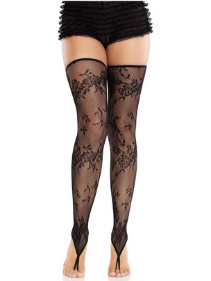 LEG AVENUE - FLORAL LACE FOOTLESS STOCKINGS BLACK