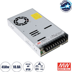GLOBOSTAR(R) MEANWELL-LRS450-24 90787 Τροφοδοτικό/Μετασχηματιστής PELV 450W 18.8A DC 24V IP20 - AC 220-240V σε DC 24V / Ρυθμιζόμενo από DC 21.6V έως DC 28.8V - Μ22.5 x Π12.4 x Υ3.5cm