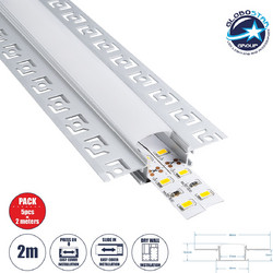 GLOBOSTAR(R) ALP-PLASTERIN GYPSO 70819-2M Χωνευτό Προφίλ Αλουμινίου Ειδικό για Γυψοσανίδα με Λευκό Γαλακτερό Πατητό Κάλυμμα για Ταινίες LED IP20 - Ασημί & Λευκό - Μ200 x Π6.7 x Υ1.4cm - Πακέτο 5 Τεμαχ