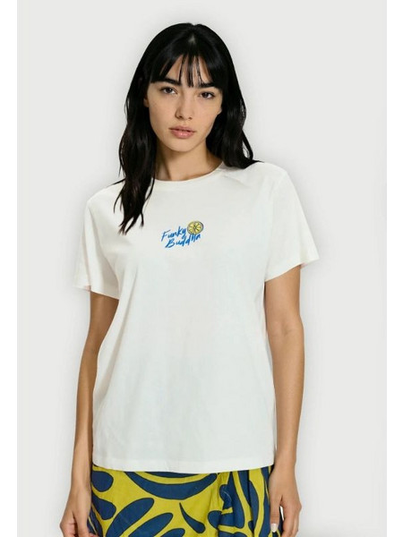 Funky Buddha Γυναικείο relaxed t-shirt με τύπωμα στην πλάτη Off White (FBL013-143-04)