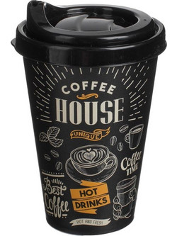 Ποτήρι Μεταφοράς Καφέ Πλαστικό Mαύρο Coffee House με Καπάκι & Στόμιο 400ml