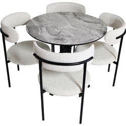 Artekko Mutfak MDF Τραπέζι με Εφέ Μαρμάρου (Φ90x77)cm με 4 Εκρού Καρέκλες (53x52x85)cm 5pcs