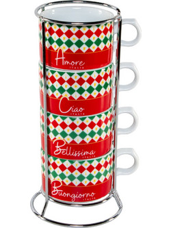 Bialetti Tricolore Με Μεταλλική Βάση Σετ Φλιτζάνια Cappuccino Πορσελάνης Λευκά 160ml 4τμχ TRICOL04