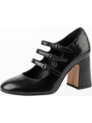 Γυαλιστερή γόβα με τριπλά λουράκια και το τετράγωνο τακούνι Μαύρο