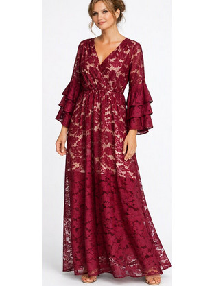 Shine2gether Maxi Βραδινό Φόρεμα Δαντελωτό Μπορντό