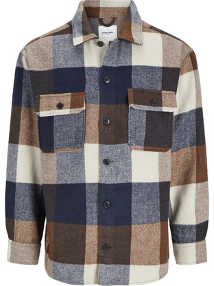 Jack & Jones Ανδρικό Πουκάμισο Καρό Μακρυμάνικο Κανονική Γραμμή Overshirt Καφέ Navy Μπλε 12257199