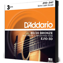 D'Addario EJ10 3-Pack Σετ 6 Χορδές Ακουστικής Κιθάρας 80/20 Bronze 10-47" Light Tension