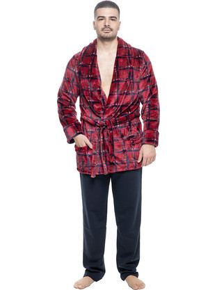 Koyote Χειμωνιάτικη Ανδρική Ρόμπα Fleece Καρό Μπορντό KG1311