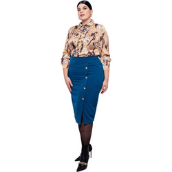 Fibes Fashion Μίντι Φούστα Υφασμάτινη Ψηλόμεση Pencil Μπλε 04-2029