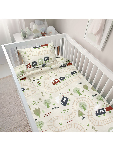 Lino Home Forest Express Σετ Βρεφικά Σεντόνια Κούνιας Βαμβακερά 120x180 Green 3τμχ
