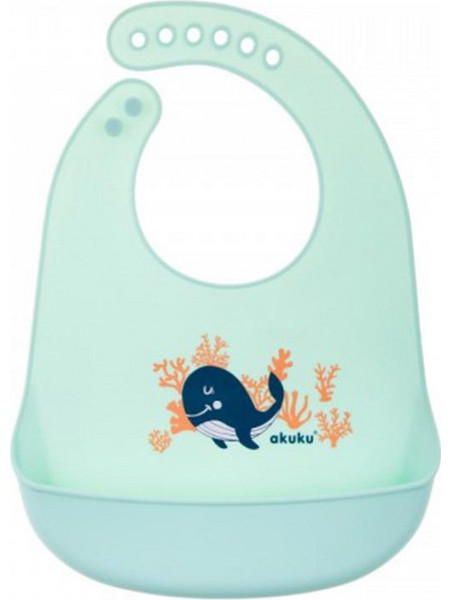 Akuku Whale Αδιάβροχη Σαλιάρα Σιλικόνης με Κουμπί & Τσέπη 6m+ Πράσινο Mint