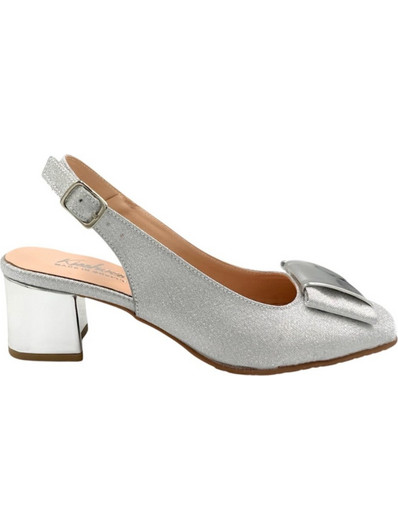 Blondie Γόβες Slingback Δερμάτινες με Χοντρό Χαμηλό Τακούνι & Φιόγκο Ασημί 1411