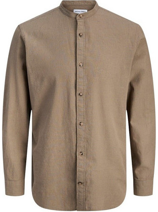 Jack & Jones Ανδρικό Πουκάμισο Λινό Μακρυμάνικο Κανονική Γραμμή με Mao Γιακά Ταμπά 12289184