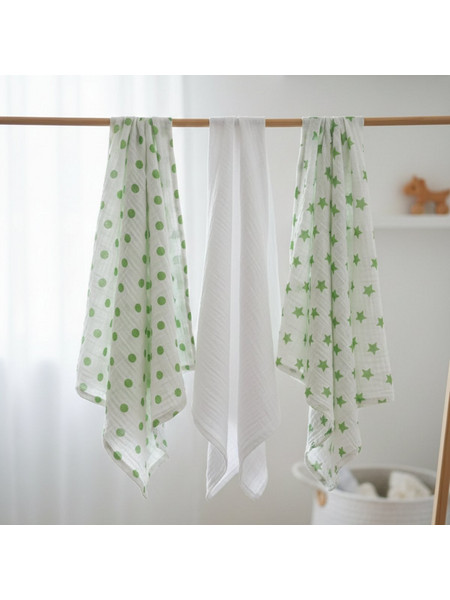 Gamberritos Stars Dots Πάνες Αγκαλιάς από Μουσελίνα Λευκές Πράσινες 80x80cm 3τμχ 9274M-10