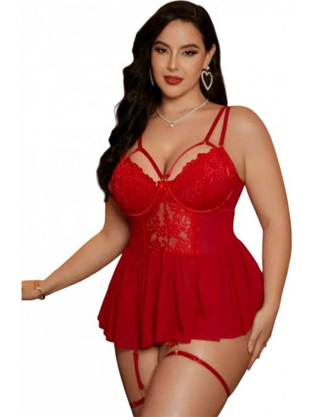 Dik Prestige Sexy Babydoll See Through με Δαντέλα & Ζαρτιέρες Κόκκινο J-85