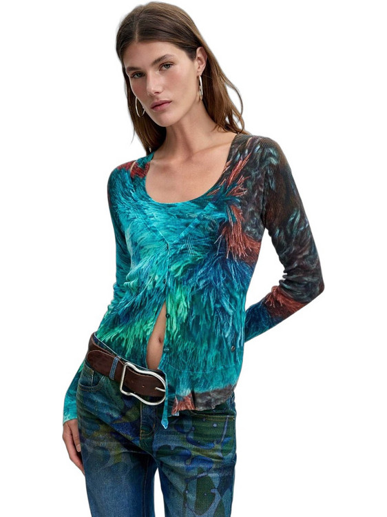 Desigual Wooly Ανοιξιάτικο Γυναικείο Σύνολο Ζακέτα Crop Top Πλεκτό Τιρκουάζ 26WWJF07