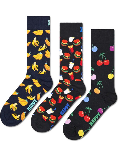 Happy Socks Banana Ανδρικές Κάλτσες Ψηλές με Σχέδια Navy Μπλε Μαύρες 3Pack P000990
