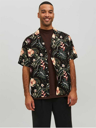 Jack & Jones Ανδρικό Πουκάμισο Βαμβακερό Φλοράλ Κοντομάνικο Slim Fit Μαύρο Πολύχρωμο 12222898