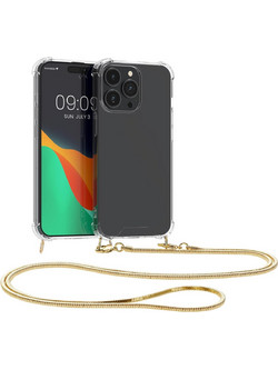 Θήκη Apple iPhone 15 Pro Max - KWmobile Διάφανη Σιλικόνης με Μεταλλικό Λουράκι Λαιμού - Transparent / Gold (62032.21)