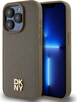 DKNY Leather Pattern Metal Logo MagSafe Case for iPhone 15 Pro Max - Brown