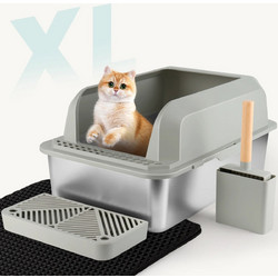Wallex CatCare XXL Inox - Ανοξείδωτη Τουαλέτα για Μεγάλες Γάτες 60x40x30,5cm + Χαλάκι Συλλογής Άμμου