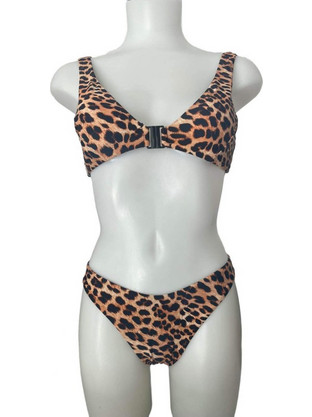 Γυναικείο Σετ Μπικίνι Animal Print με μπροστινό κούμπωμα σε Καφέ- Μαύρο χρώμα Animal Print (Καφέ ,Μαύρο)