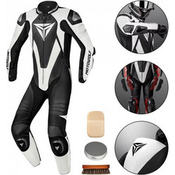 Αδιάβροχη Δερμάτινη Ολόσωμη Φόρμα Μηχανής με Αποσπώμενα Προστατευτικά XXL Μαύρη-Λευκή JM10 Motowolf