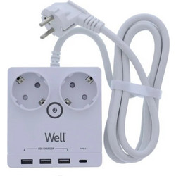 Πολύπριζο Well 2x Schuko και 3x USB A & 1x USB Type-C 2m/3g1.5 με προστασία EXTS-2S2M-PROT/USBC4-WL