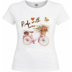 Agape Γυναικείο T-Shirt με σχέδιο Ροζ Ποδήλατο Βαμβάκι Λευκό