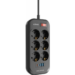 Ldnio SE6403C Πολύπριζο 6 Θέσεων με Διακόπτη 2 USB-A και 2 USB-C και Καλώδιο 2m Μαύρο