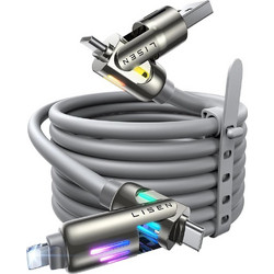 Lisen Data Cable 4in1, USB/Type-C to Type-C/Lightning, RGB Lights, 240W, 480Mbps, 2m Gray