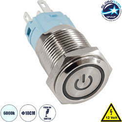 GloboStar(R) 70785 LED Φωτιζόμενος Διακόπτης Χωνευτός - Μπουτόν PUSH On Ανοξείδωτος DC 12V με Angel Eye Αδιάβροχο Φ18mm IP67 Ψυχρό Λευκό 6000K