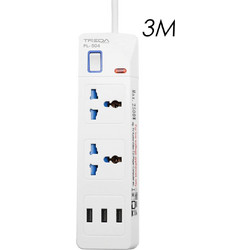 Treqa PL-504 Πολύπριζο Ασφαλείας 2 Θέσεων με Διακόπτη και 3 USB Λευκό 3m