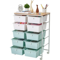 VEVOR Rolling Cart with συρτάρια, Double Row 10 Drawer Storage Organizer, Mobile Utility Cart, Wood Top, Steel Frame, Universal Casters & 2 Brakes, for Office, Classroom, Craft Room, Studio, Blue Whit