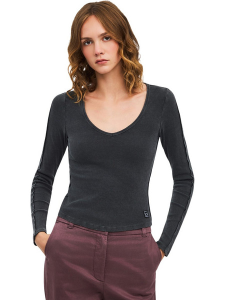 DIRTY LAUNDRY W V NECK RIB LONGSLEEVE TOP - DLWL000061-VINT BLACK