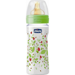 Chicco Well Being Πλαστικό Μπιμπερό με Θηλή Καουτσούκ κατά των Κολικών 2m+ Leaves Green 250ml