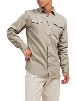 Jack & Jones Ανδρικό Πουκάμισο Τζιν Μακρυμάνικο Slim Fit Μπεζ 12138115