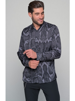 Ben Tailor Ανδρικό Πουκάμισο Animal Print Μακρυμάνικο Slim Fit με Mao Γιακά Ανθρακί BENT.0880