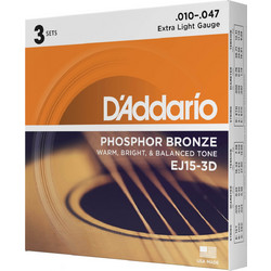 D'Addario EJ15 3-Pack Σετ 6 Χορδές Ακουστικής Κιθάρας Phosphor Bronze 10-47" Extra Light Tension