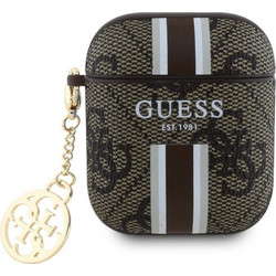 Guess 4G Printed Stripes Charm Θήκη από Δερματίνη για Apple AirPods 1 / 2 Καφέ