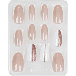 Nude Λευκό Glitter Almond Tips Νυχιών με Κόλλα 12τμχ