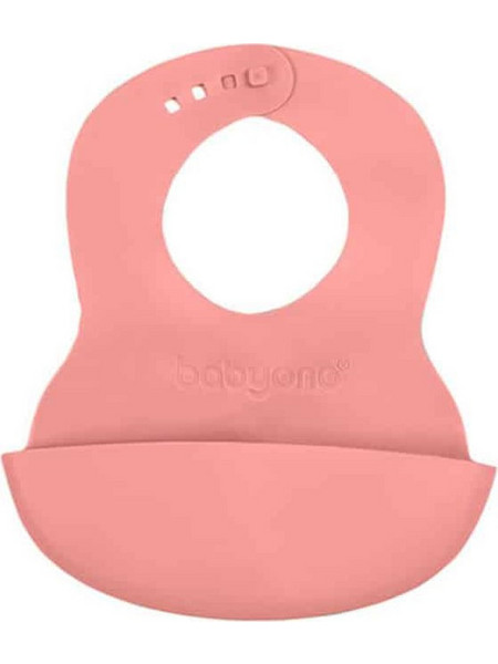 BabyOno Αδιάβροχη Σαλιάρα Σιλικόνης με Κουμπί & Τσέπη 6m+ Κοραλί