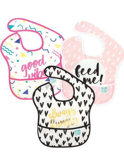 Bumkins SuperBib Girl Always Hungry Σετ Αδιάβροχες Σαλιάρες Πλαστικές με Αυτοκόλλητο & Τσέπη 6m+ Μαύρη Φούξια Ροζ 3τμχ