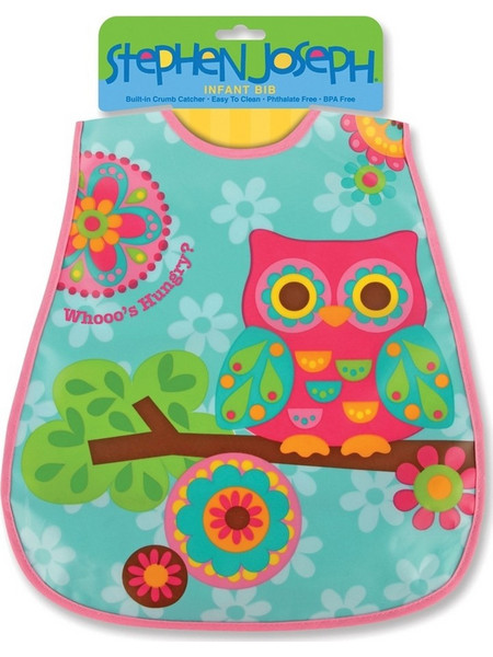 Stephen Joseph Owl Αδιάβροχη Σαλιάρα Υφασμάτινη με Αυτοκόλλητο & Τσέπη Γαλάζια