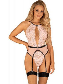 Obsessive Lilines Sexy Κορμάκι String See Through με Δαντέλα & Ζαρτιέρες Ροζ