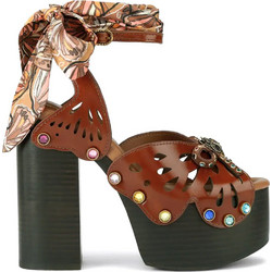 Kurt Geiger Γυναικεία Πέδιλα Δερμάτινα Καφέ με Χοντρό Ψηλό Τακούνι Φιάπα και Στρας 5596931109-31