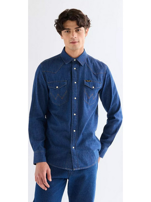 Wrangler Ανδρικό Πουκάμισο Τζιν Μακρυμάνικο Κανονική Γραμμή Navy Μπλε 112378124