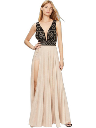 Elisabetta Franchi Maxi Καλοκαιρινό Φόρεμα για Γάμο / Βάπτιση Μεταξωτό Μπεζ AB41332E2-053